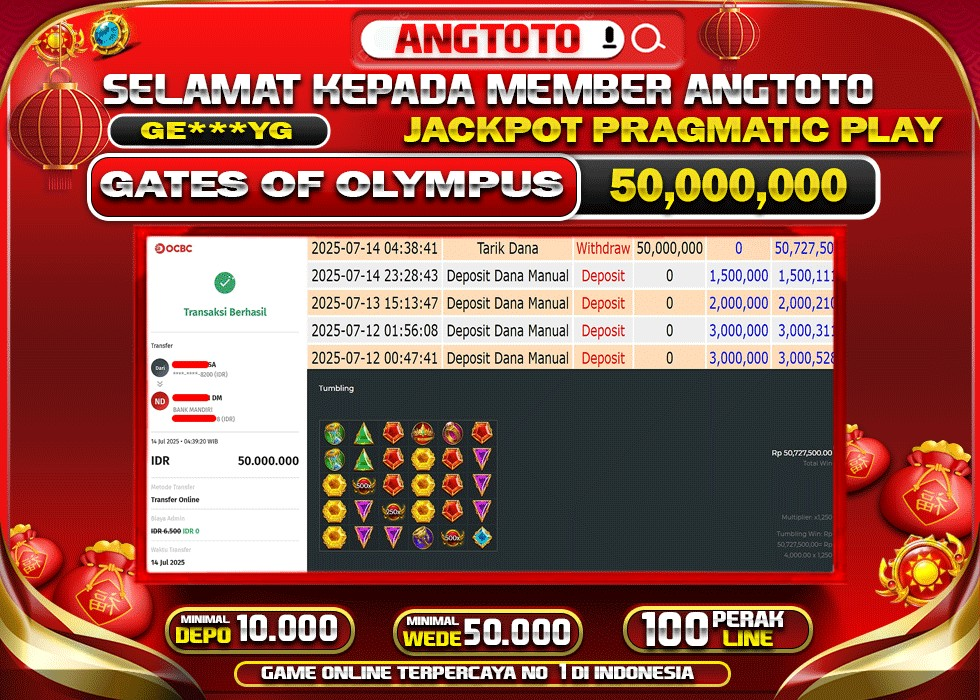 BUKTI PELUNASAN 14 JULY 2025 MENANG DI PERMAINAN GATES OF OLYMPUS TOTAL WD 50 JUTA