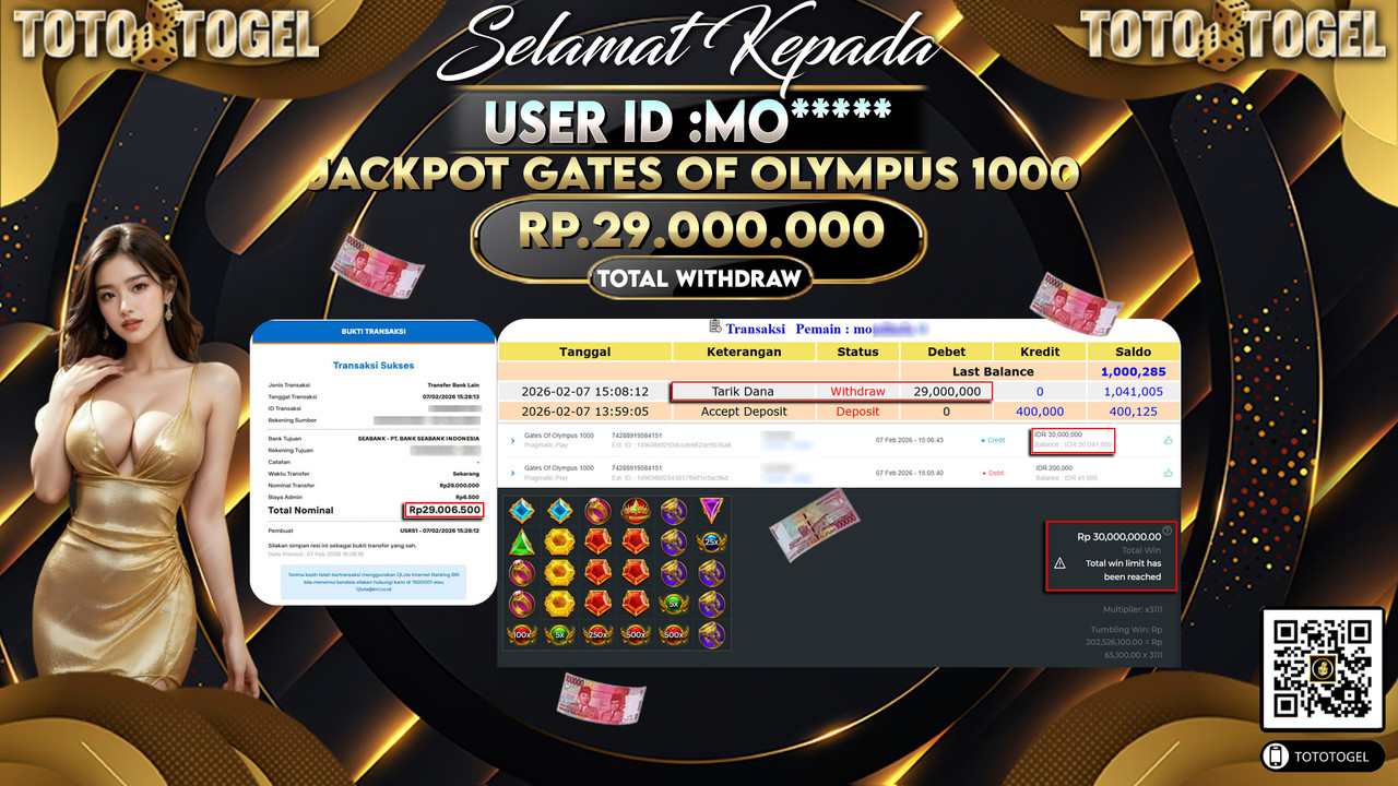 Bukti Pembayaran Jackpot Permainan Slot Gates Of Olympus 1000 ID:MO*****LUNAS
