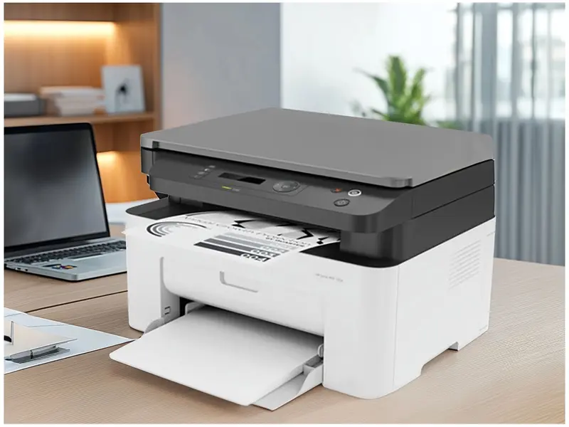 Detalhe da bandeja de papel e painel de controle da HP LaserJet MFP 135a.