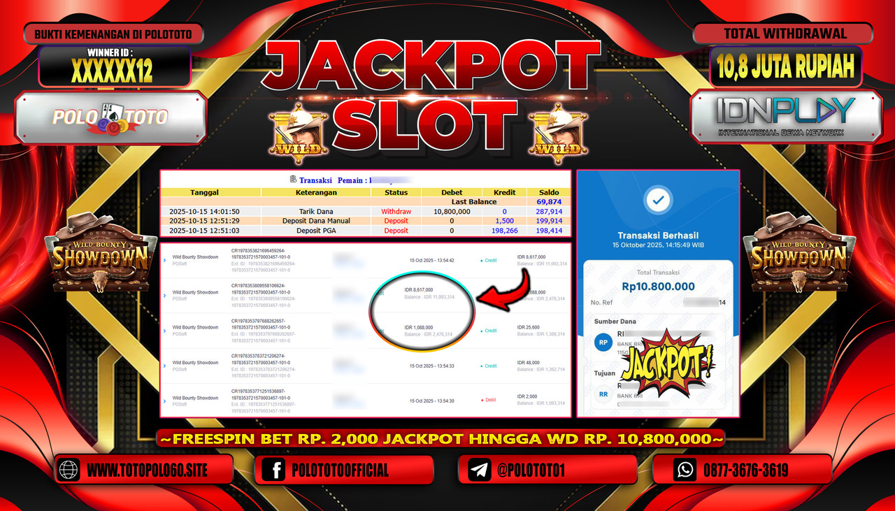 POLOTOTO JACKPOT SLOT WILD BOUNTY SHOWDOWN Rp.10.800.000,- LUNAS