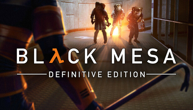 Keyart of Black Mesa Definitive Edition that shows Gordon holding a crowbar while facing 3 enemies.