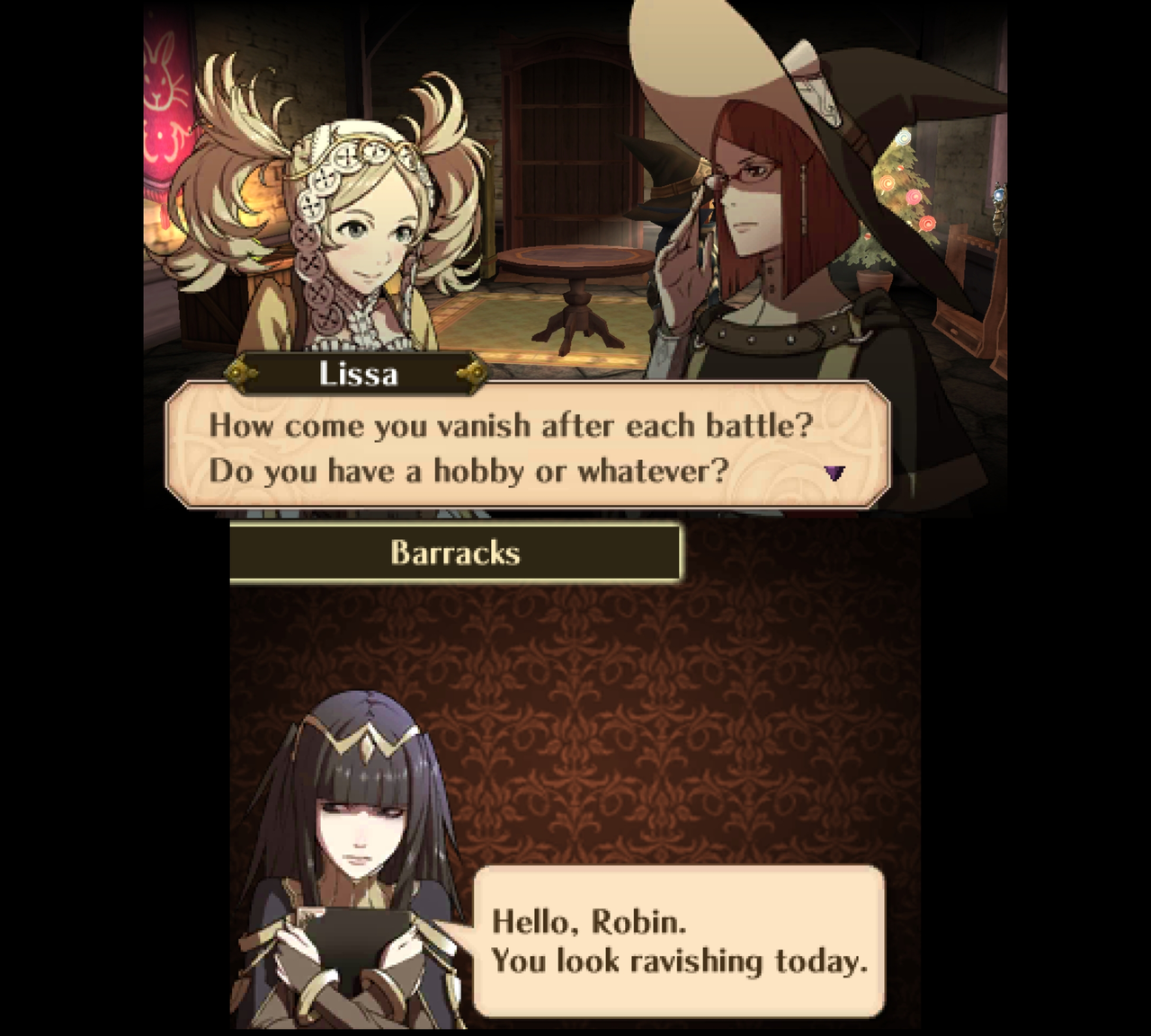 Barracks conversation screenshot from Fire Emblem Awakening
