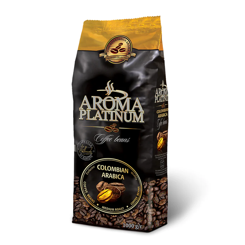 Aroma Platinum — Roasted coffee beans, 100% Colombian Arabica, prepared in collaboration with Estonian barista V. Kollomets.