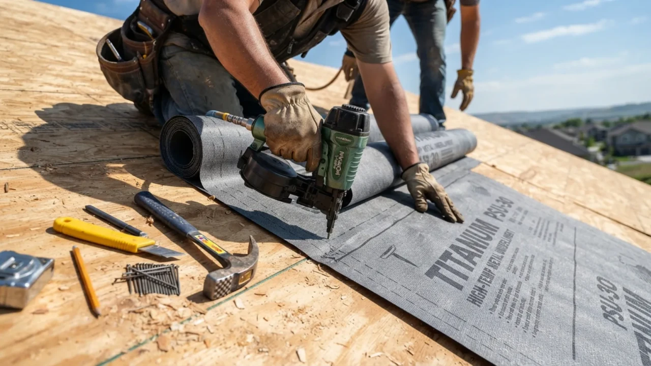 Metal roofing underlayment installation showing synthetic high-temperature barrier being installed over roof decking