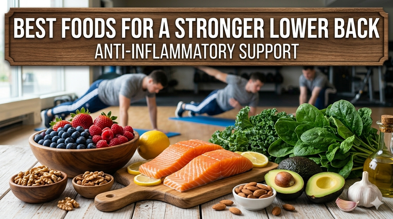 Assortment of anti-inflammatory foods including salmon, berries, and leafy greens for best bodyweight exercises for a stronger lower back