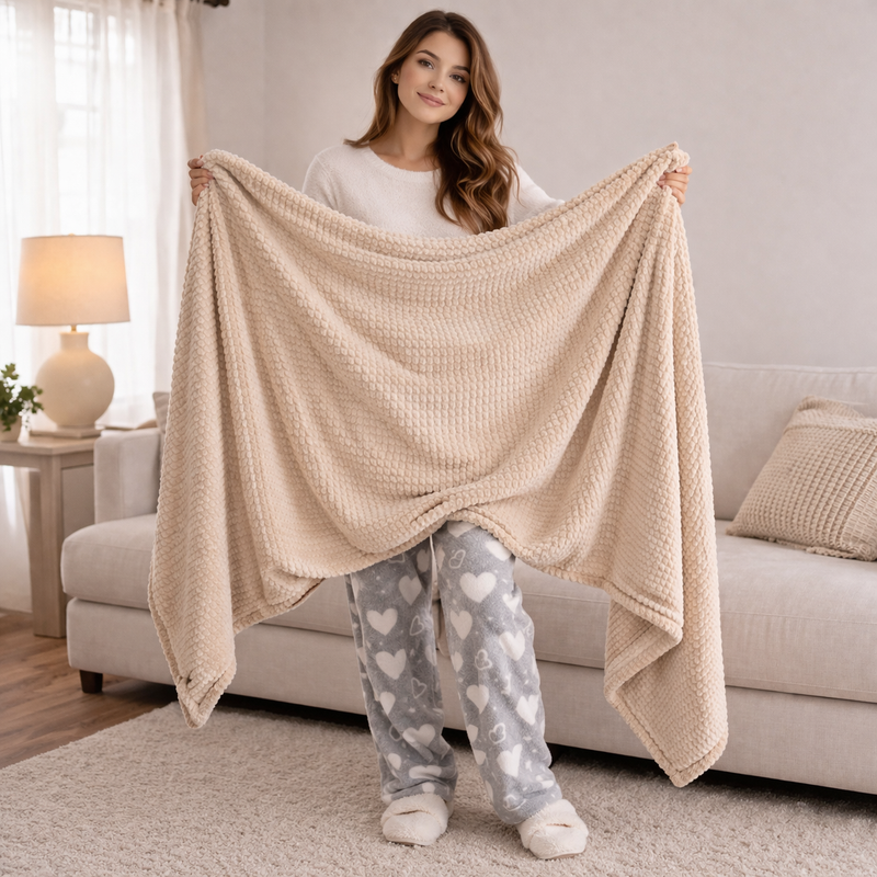 Mujer mostrando manta de felpa