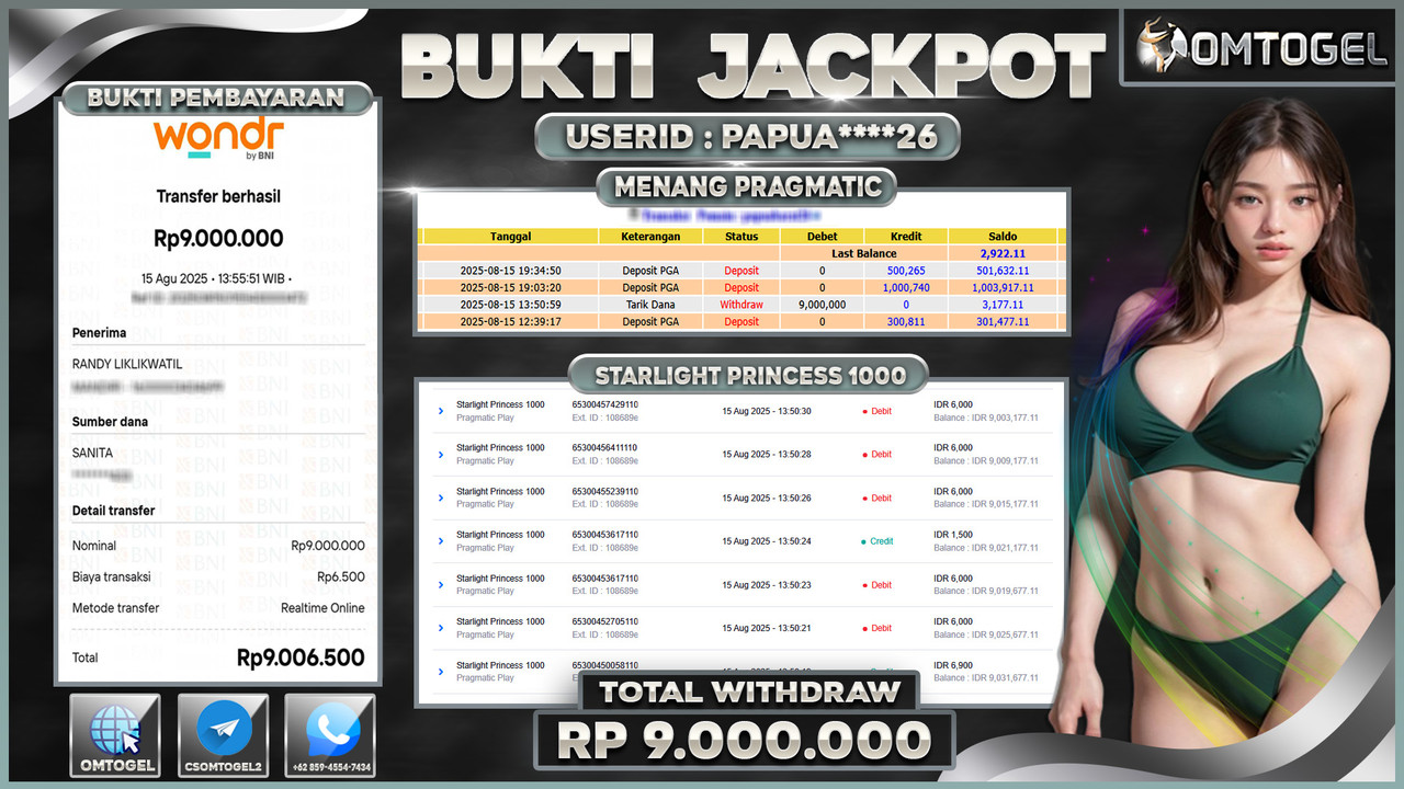 OMTOGEL JACKPOT PRAGMATIC PLAY STARLIGHT PRINCESS 1000 9 JUTA DI BAYAR LUNAS ,-
