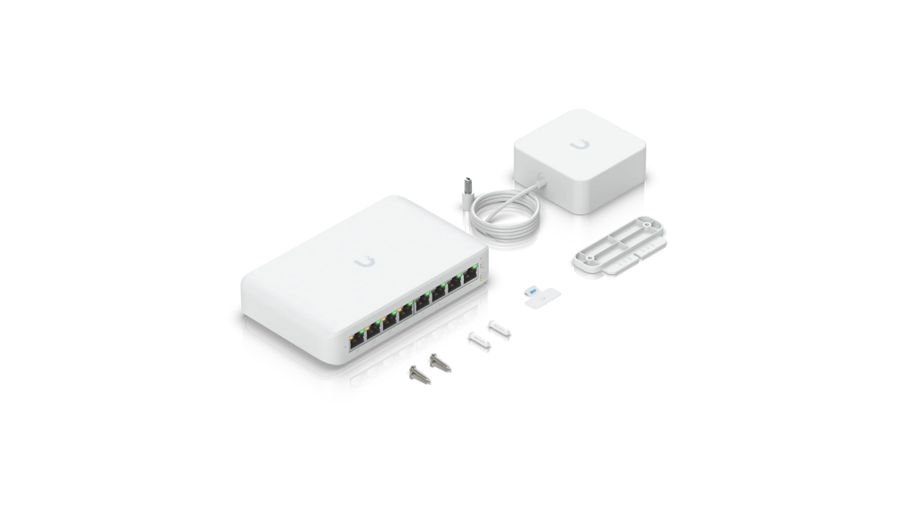 Switch UniFi Lite 8 PoE conectando dispositivos de entretenimento