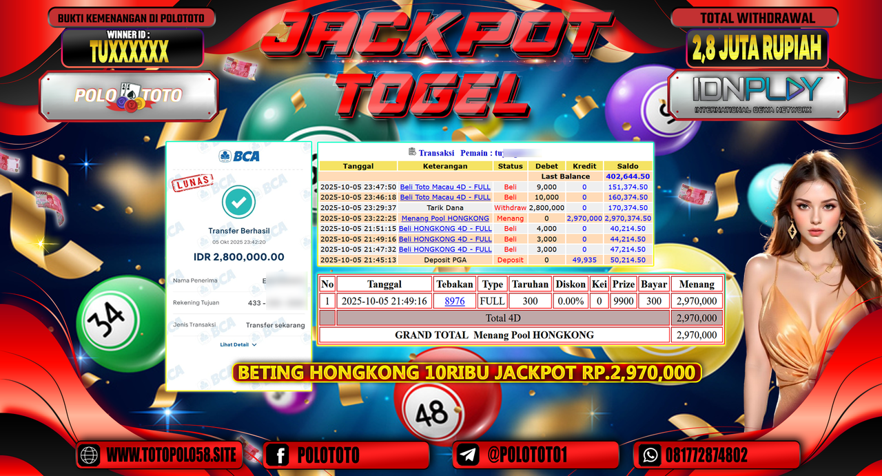POLOTOTO JACKPOT TOGEL HONGKONG LOTTO Rp.2.800.000,- LUNAS
