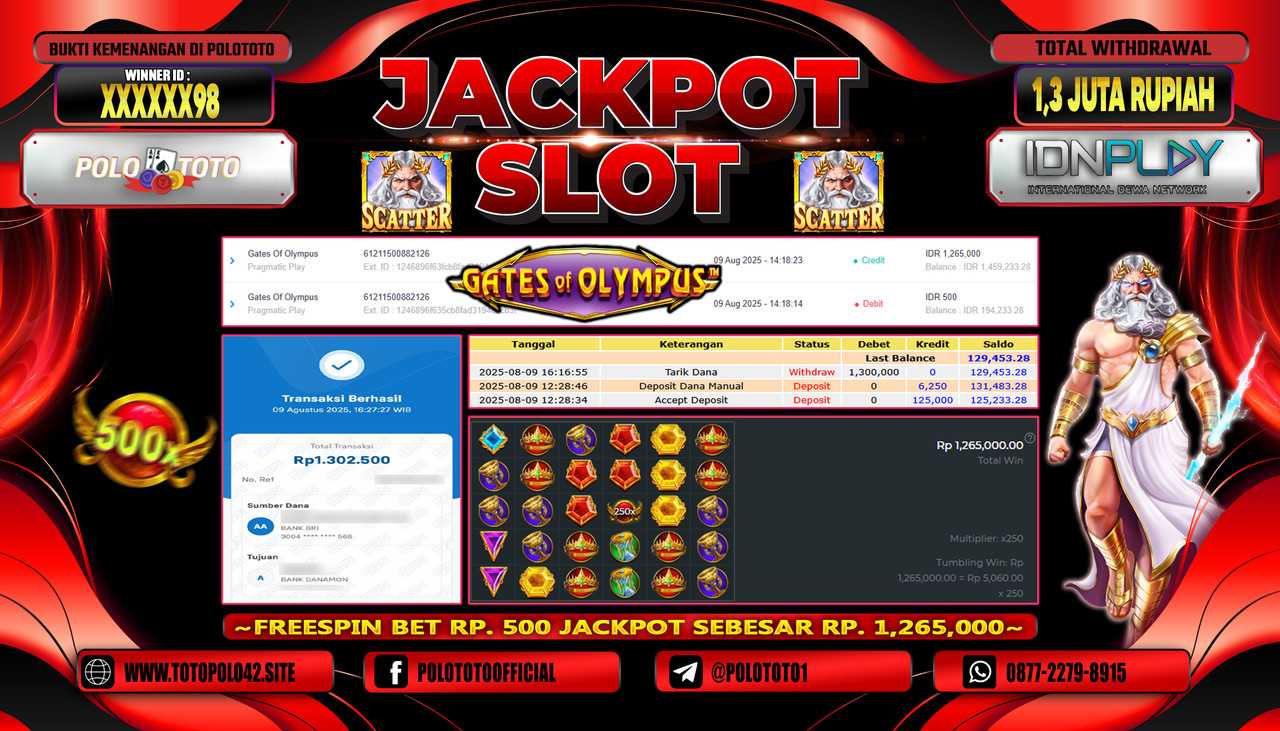 POLOTOTO JACKPOT SLOT GATES OF OLYMPUS Rp.1.300.000,-LUNAS