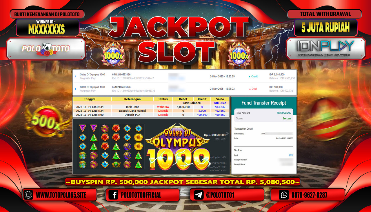 POLOTOTO JACKPOT SLOT GATES OF OLYMPUS 1000 Rp.5.000.000,- LUNAS