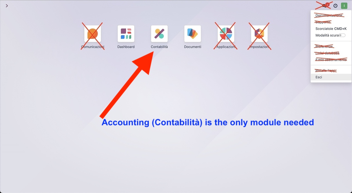 Accounting (Contabilità) is the only module needed