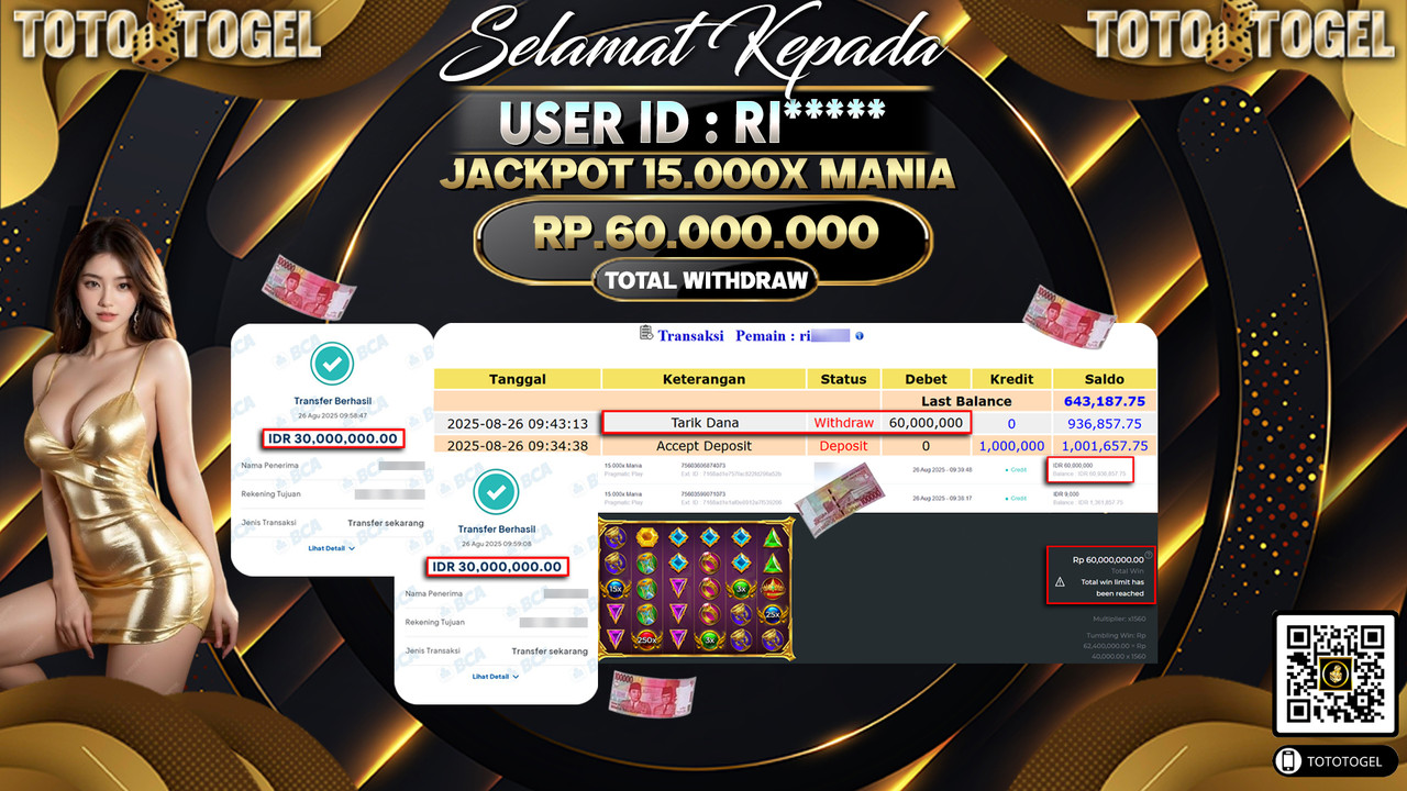 Bukti Pembayaran Jackpot Permainan Slot 15.000X Mania ID:RI***** LUNAS