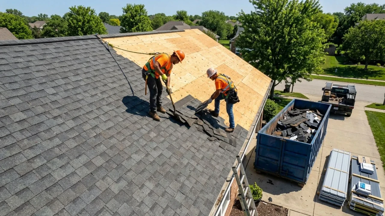 Roof tear off old shingles removal before metal installation