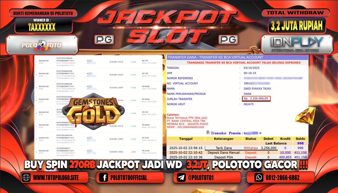 POLOTOTO JACKPOT SLOT GEMSTONES GOLD Rp.3.200.000,- LUNAS