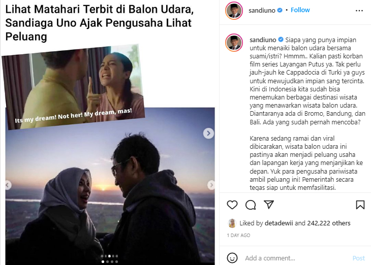 Sandiaga Uno merekomendasikan tempat naik balon udara di Indonesia