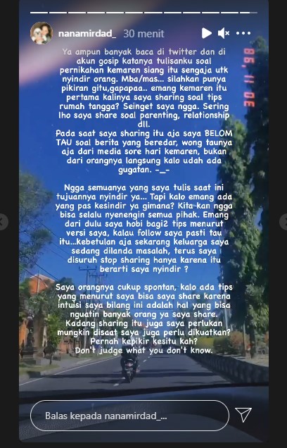 Unggahan Nana Mirdad pada Rabu (1/9/2021).