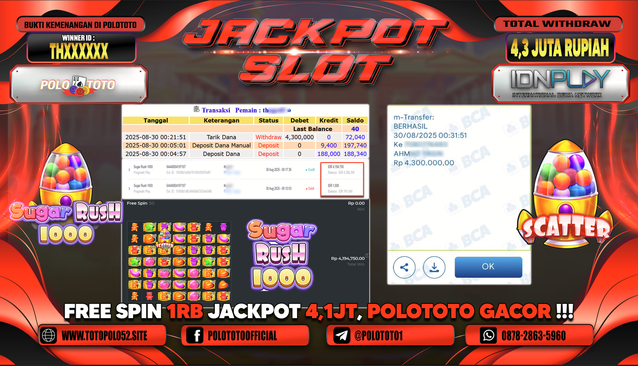 POLOTOTO JACKPOT SLOT SUGAR RUSH 1000 Rp.4.300.000,-