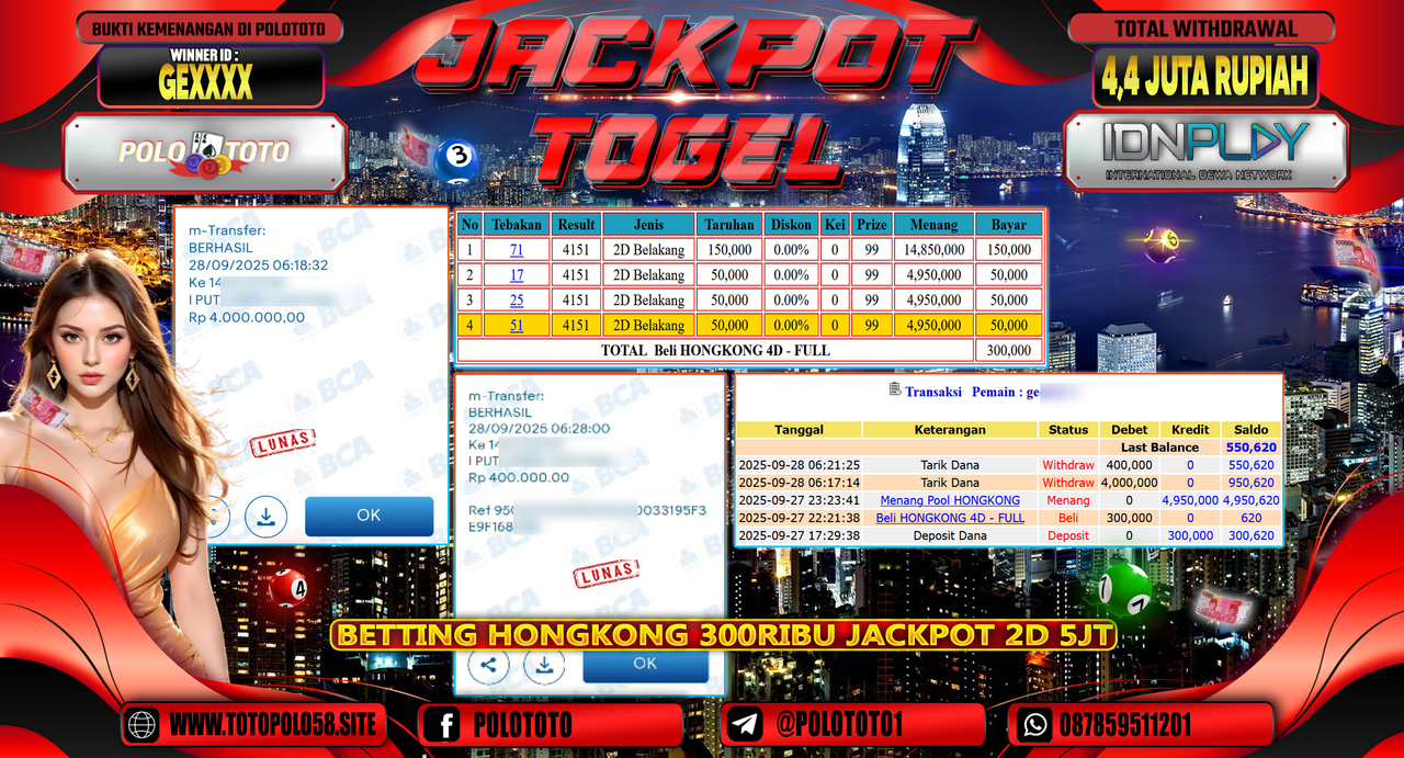 POLOTOTO JACKPOT TOGEL HONGKONG LOTTO Rp.4.400.000,- LUNAS