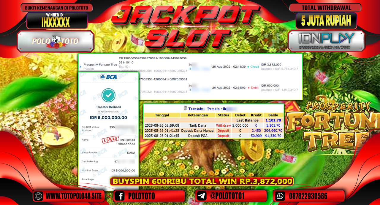 POLOTOTO JACKPOT SLOT PROSPERITY FORTUNE TREE Rp.5.000.000,-