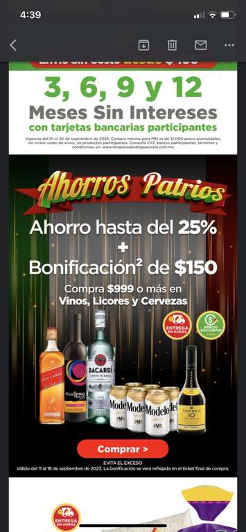Bodega aurrera: hasta el 25% de descuento + $150 de bonificación en Vinos y Licores (comprando $999)