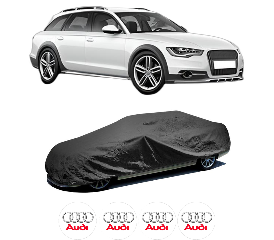 Husa tip prelata auto pentru AUDI A4 Allroad B8 (8KH) din 2009-2016, Culoare Negru, material textil impermeabil, rezistanta la intemperii praf UV, CARPASSION Husa Protectie, 4 Stickere auto cu AUDI