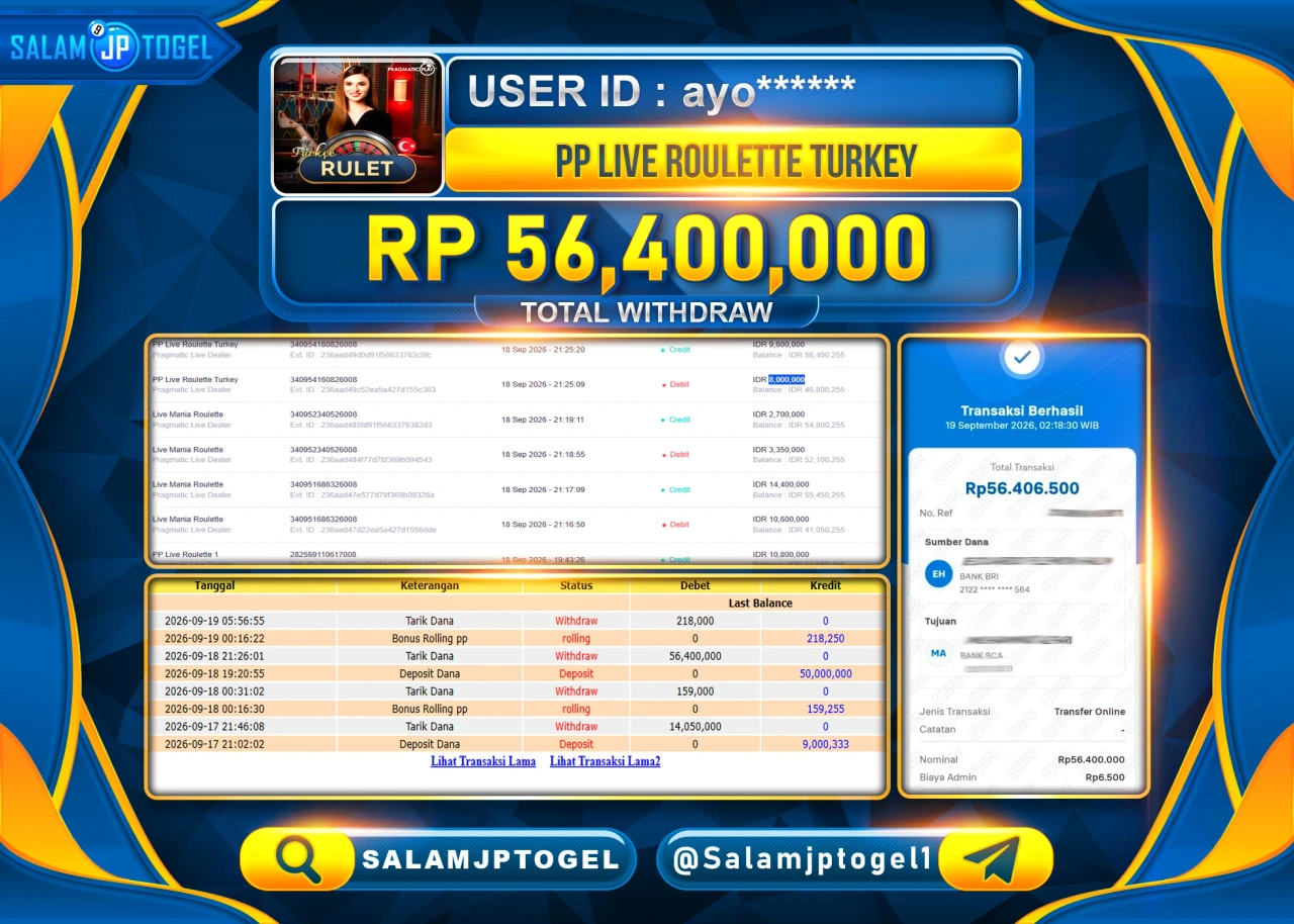 SALAMJPTOGEL JACKPOT MENANG LIVEGAMES PP LIVE ROULETTE TURKEY Rp.56,400,000 - LUNAS