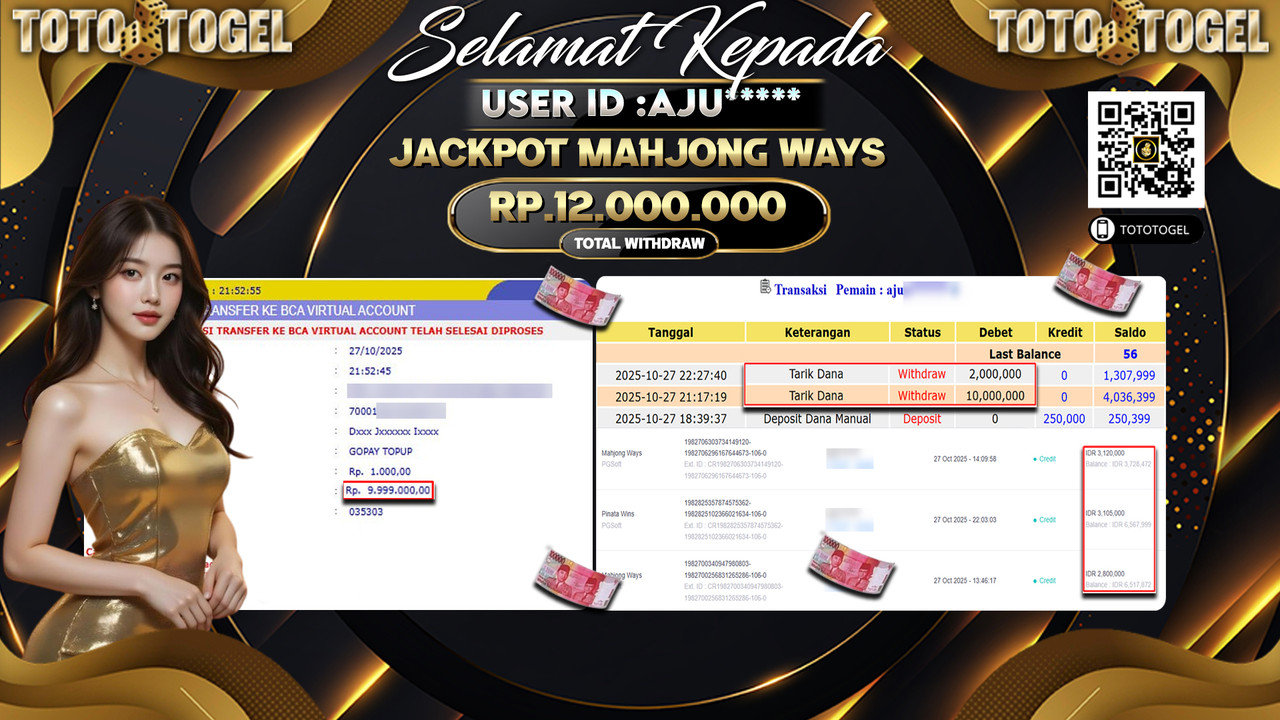 Bukti Pembayaran Jackpot Permainan Slot Mahjong Ways ID:AJU**** LUNAS