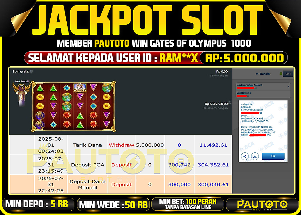 BUKTI PEMBAYARAN TGL 31 JULY 2025 MENANG DI PERMAINAN GATES OF OLYMPUS 1000 TOTAL WD 5 JUTA