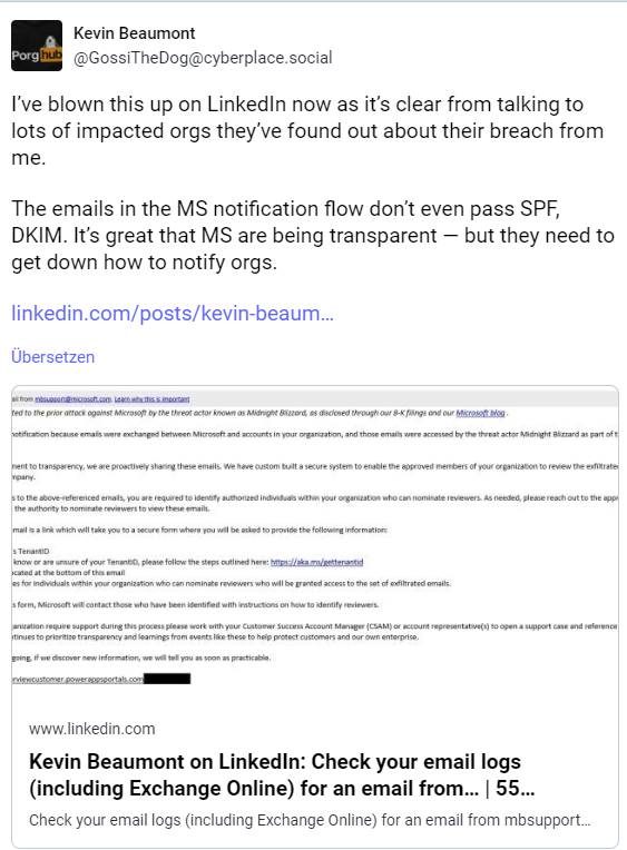 Kevin Beaumont on Midnight Blizzard Hack Notification 