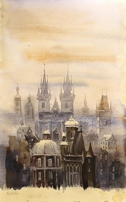 Acuarela de Praga en la niebla
