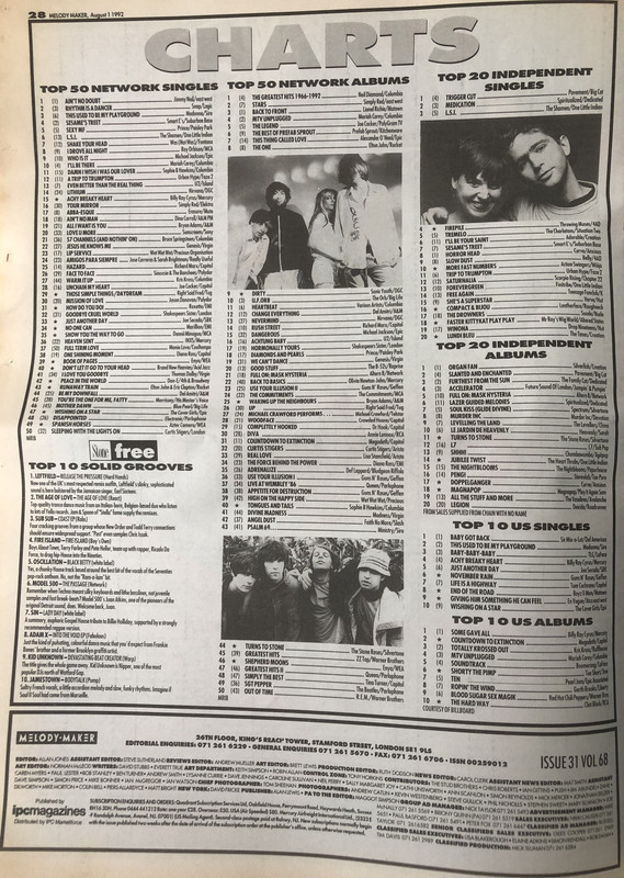 Melody Maker Aug 1 1992 charts p 28