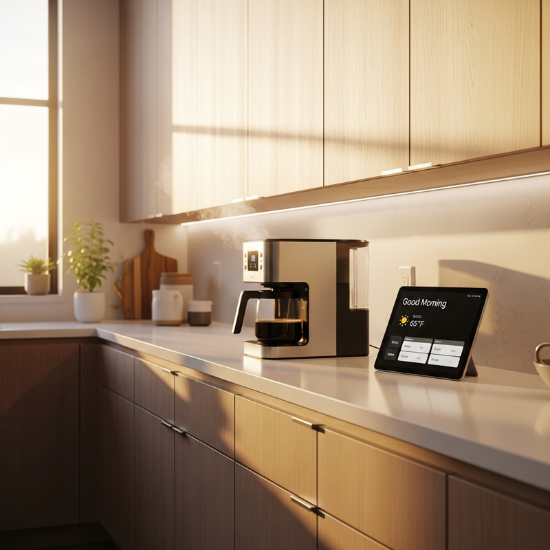 Smart home morning routine showing automated coffee maker lights and thermostat