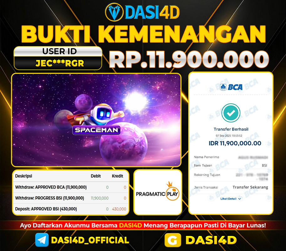 BUKTI KEMENANGAN 07 SEPTEMBER  2025 DI SPACEMAN RP 11.900.000
