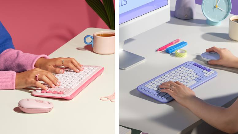 Vista del teclado y mouse Logitech POP Icon, destacando el botón de emojis del teclado.