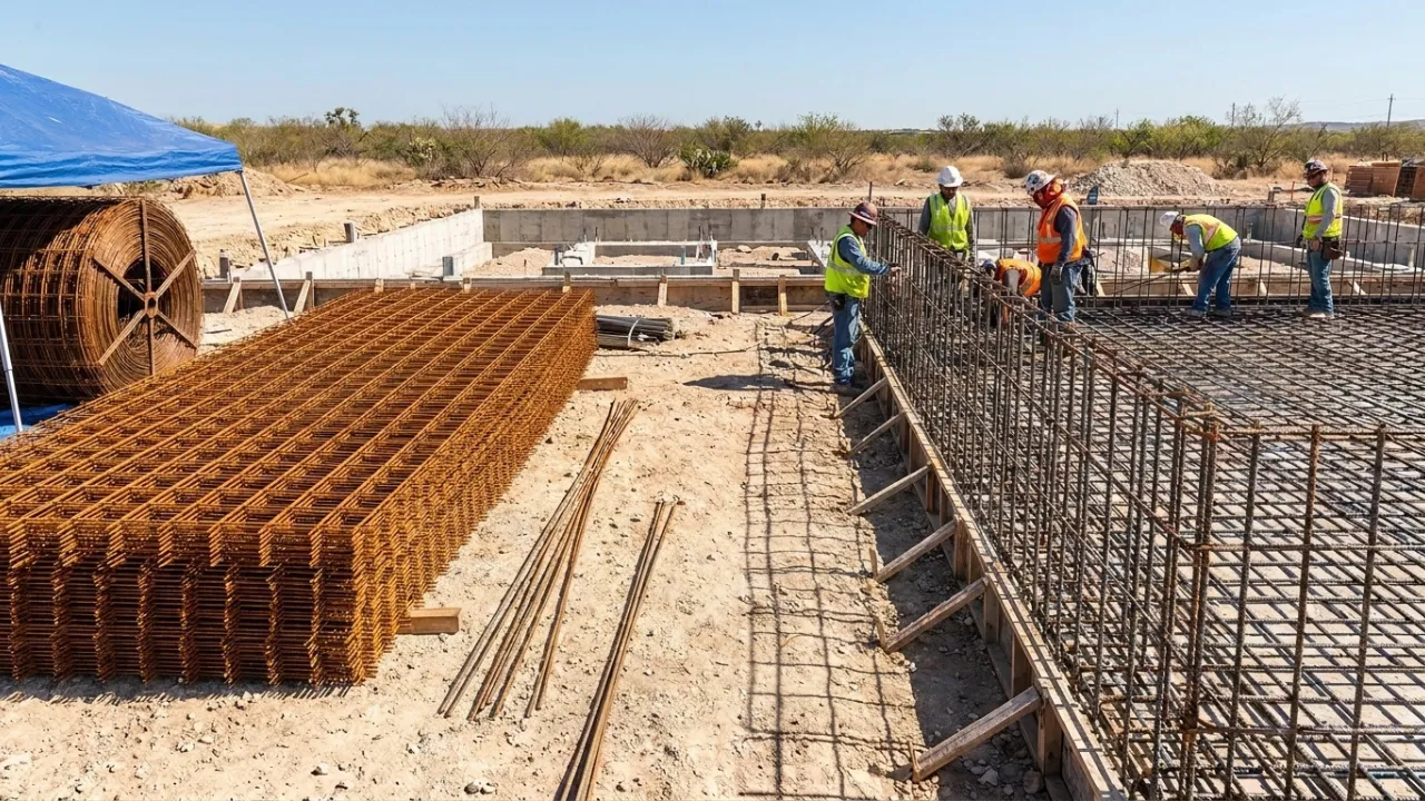 Wire mesh sheet and tied rebar grid placed side by side on a San Antonio concrete project showing the visual difference between welded wire reinforcement and steel reinforcing bars