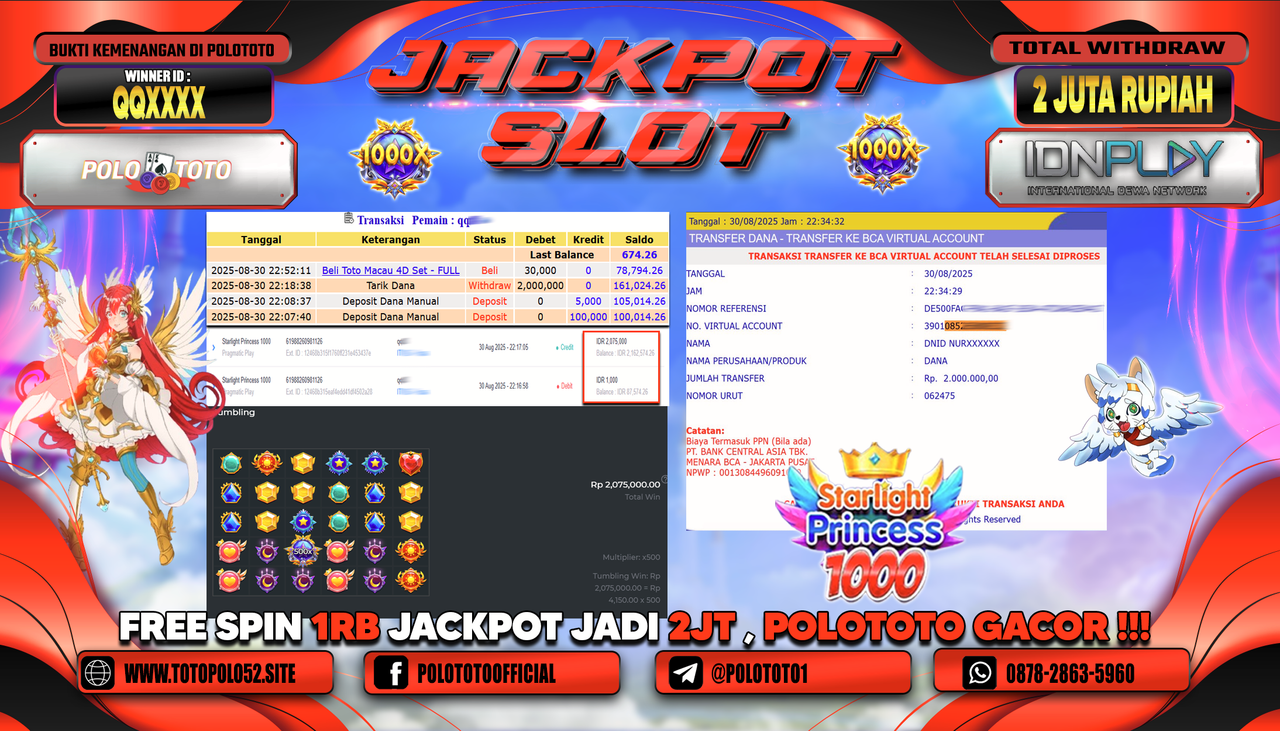 POLOTOTO JACKPOT SLOT STARLIGHT PRINCESS 1000 Rp.2.000.000,-