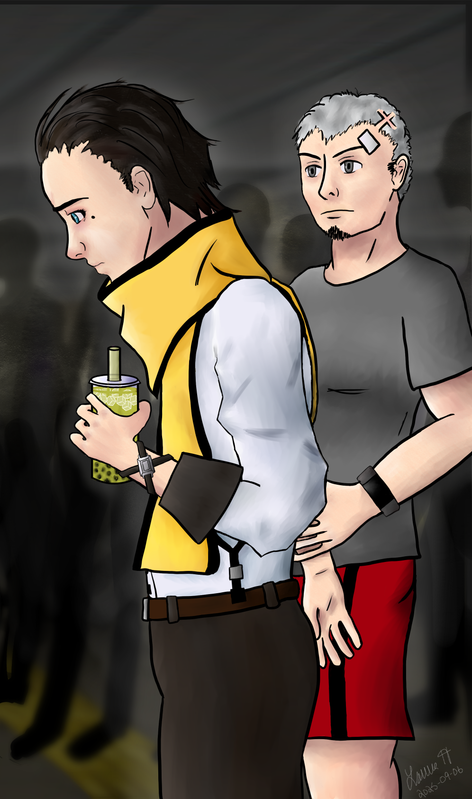 Digital art of Ryoji and Akihiko on a train platform. Ryoji is holding a boba and looks upset. Akihiko is holding him by the arm and watching him with a serious expression.