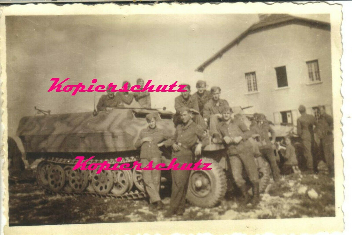 2. WK Foto deutscher Panzer Spähwagen Tarnuniform Palmenmuster Helmüberzug