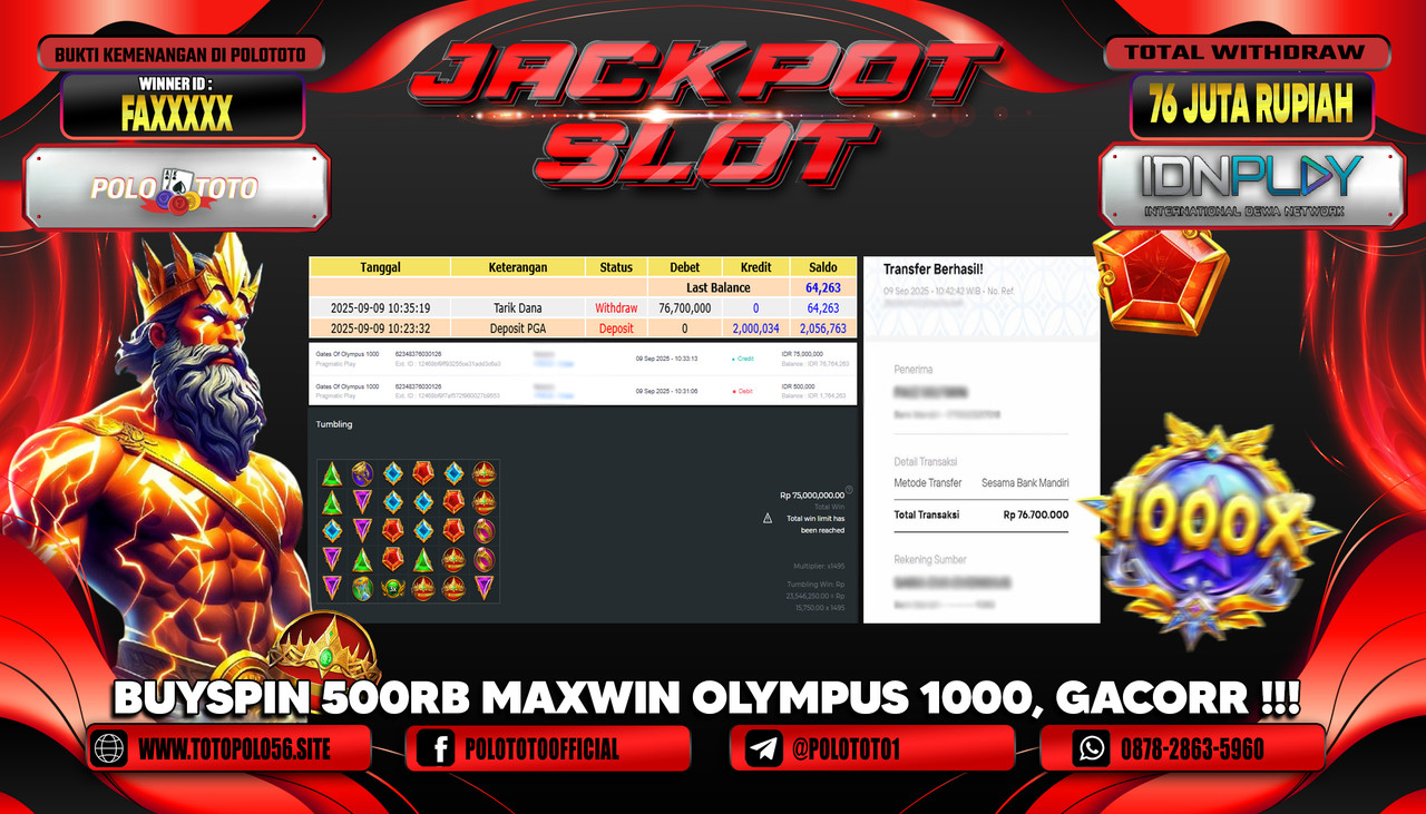 POLOTOTO JACKPOT SLOT GATES OF OLYMPUS 1000 Rp.76.000.000,- LUNAS