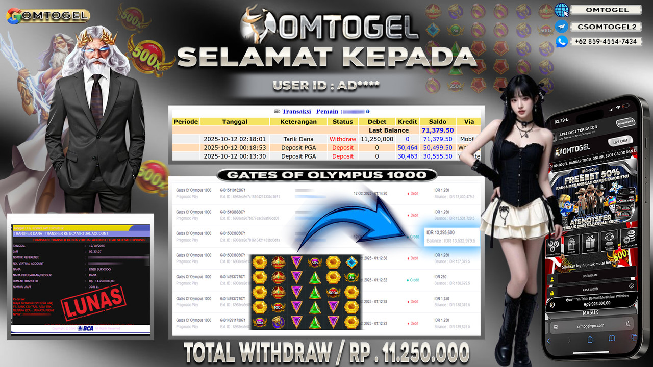 OMTOGEL JACKPOT PRAGMATIC PLAY GATES OF OLYMPUS 1000 11 JUTA DI BAYAR LUNAS ,-