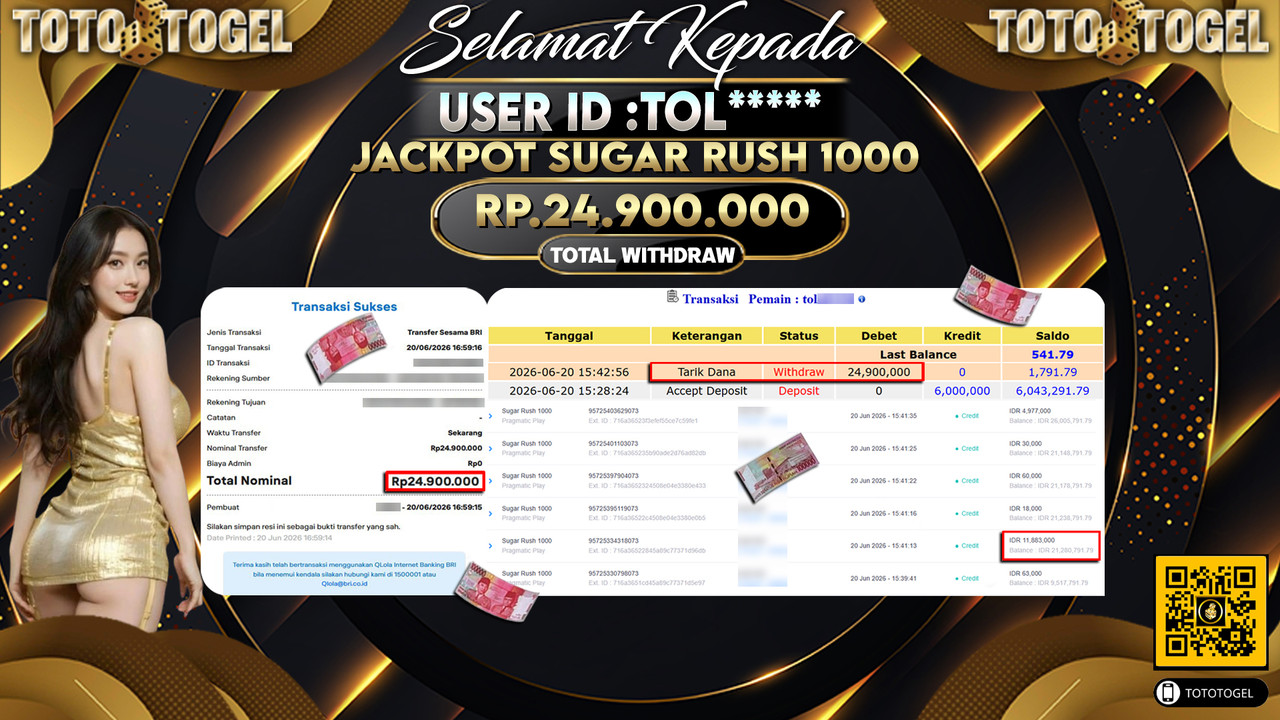 Bukti Pembayaran Jackpot Permainan Slot Sugar Rush 1000 ID:TOL*****LUNAS