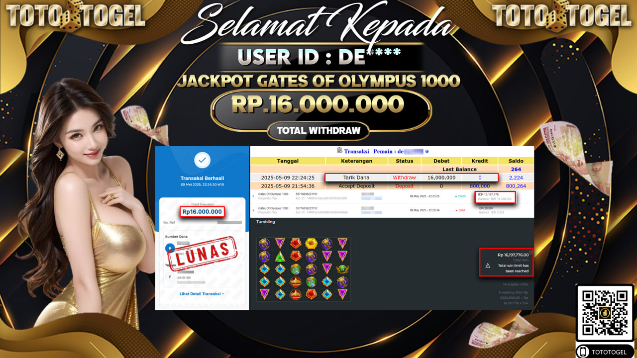 Bukti Pembayaran Jackpot  Permainan Slot Gates Of Olympus 1000 ID:DE***** LUNAS