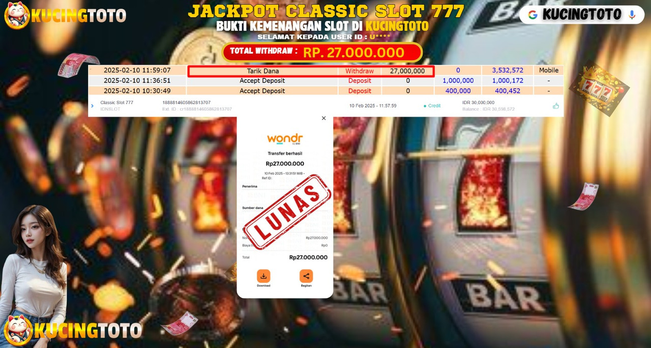 KUCINGTOTO JACKPOT SLOT CLASSIC SLOT 777 RP.27.000.000.,- LUNAS
