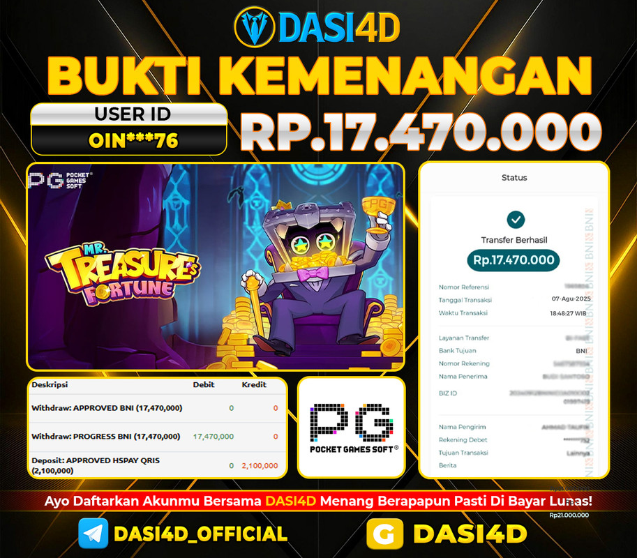 BUKTI KEMENANGAN 07 JULI 2025 DI MR TREASURE FORTUNE WD 17.470.000