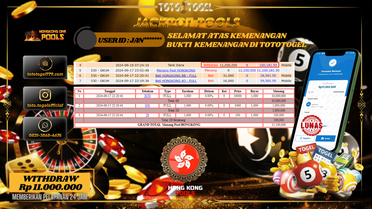 Bukti Kemenangan Permainan Togel Hongkong Pools Dengan ID : JAN*****  Terbayar Lunas!!
