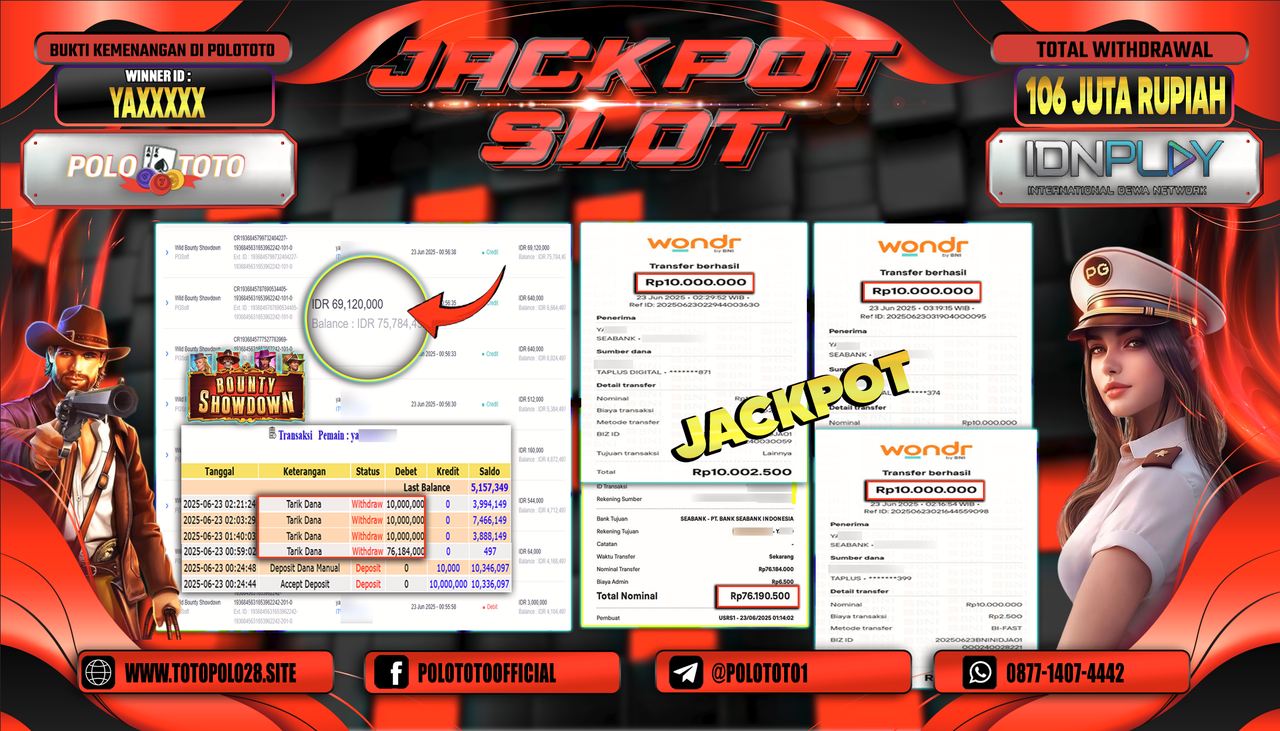 POLOTOTO JACKPOT SLOT WILD BOUNTY SHOWDOWN Rp.106.000.000,-
