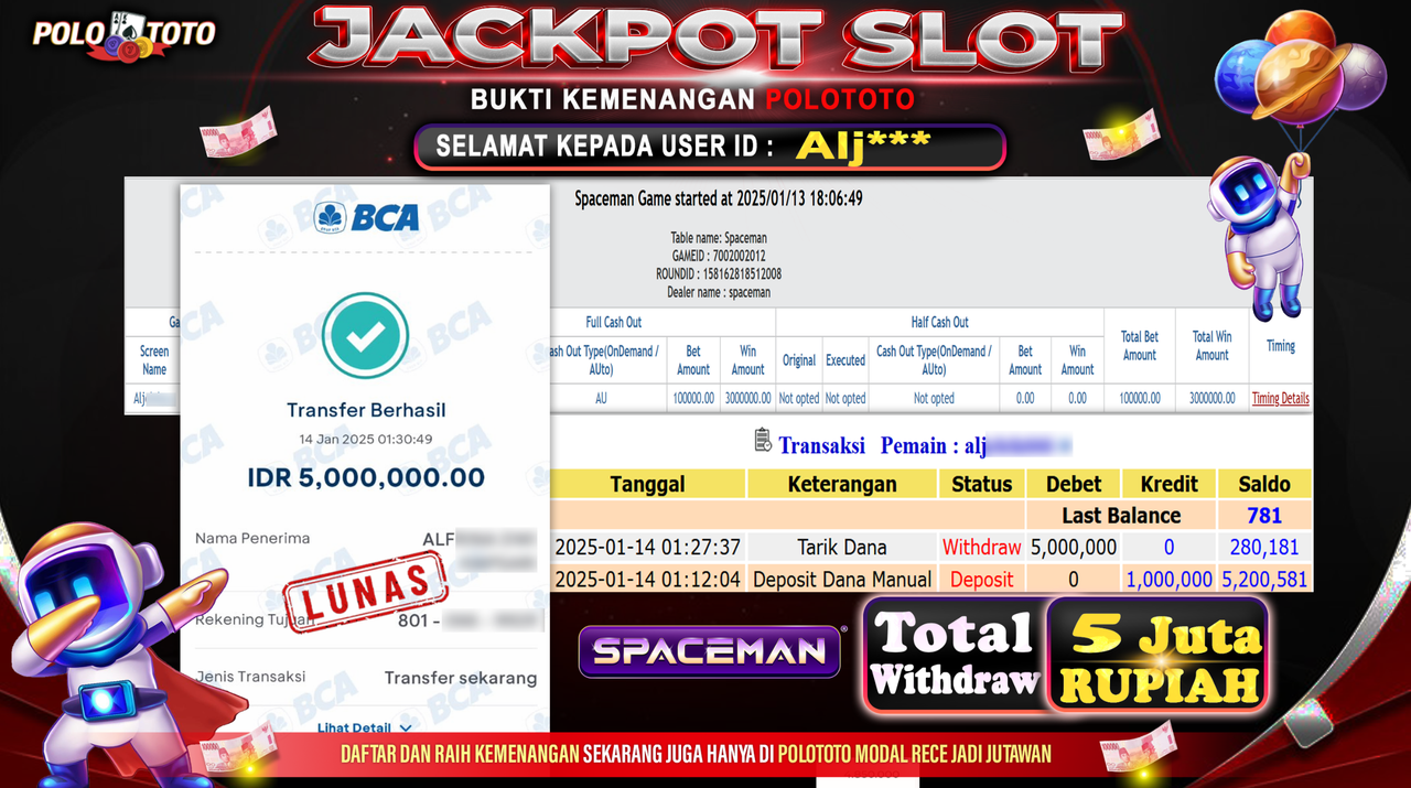 POLOTOTO JACKPOT SLOT SPACEMAN Rp.5,000.000,-