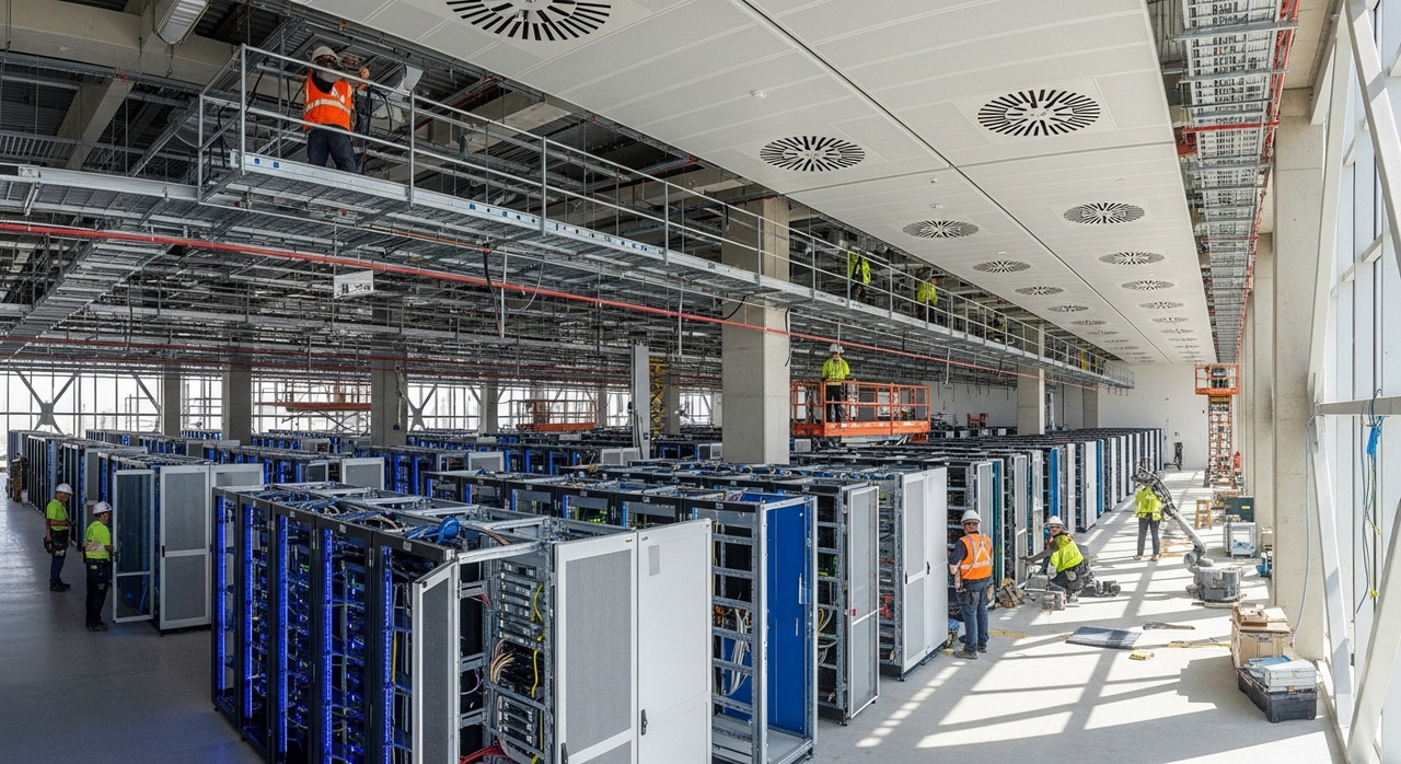 A futuristic data center with liquid cooling pipes and advanced monitoring screens.