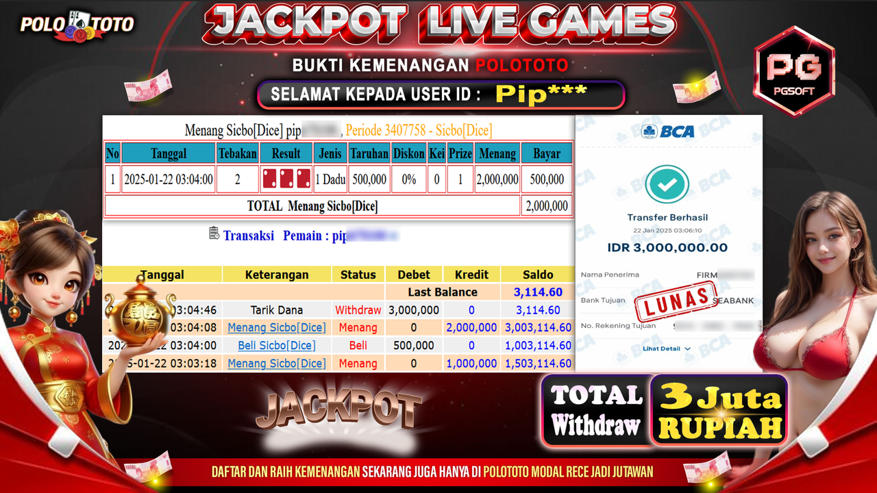 POLOTOTO JACKPOT LIVE GAMES SICBO DICE Rp.3,000.000,-